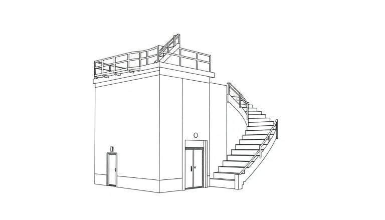 Um esboço linear de um edifício retangular com uma escada em espiral e duas portas.