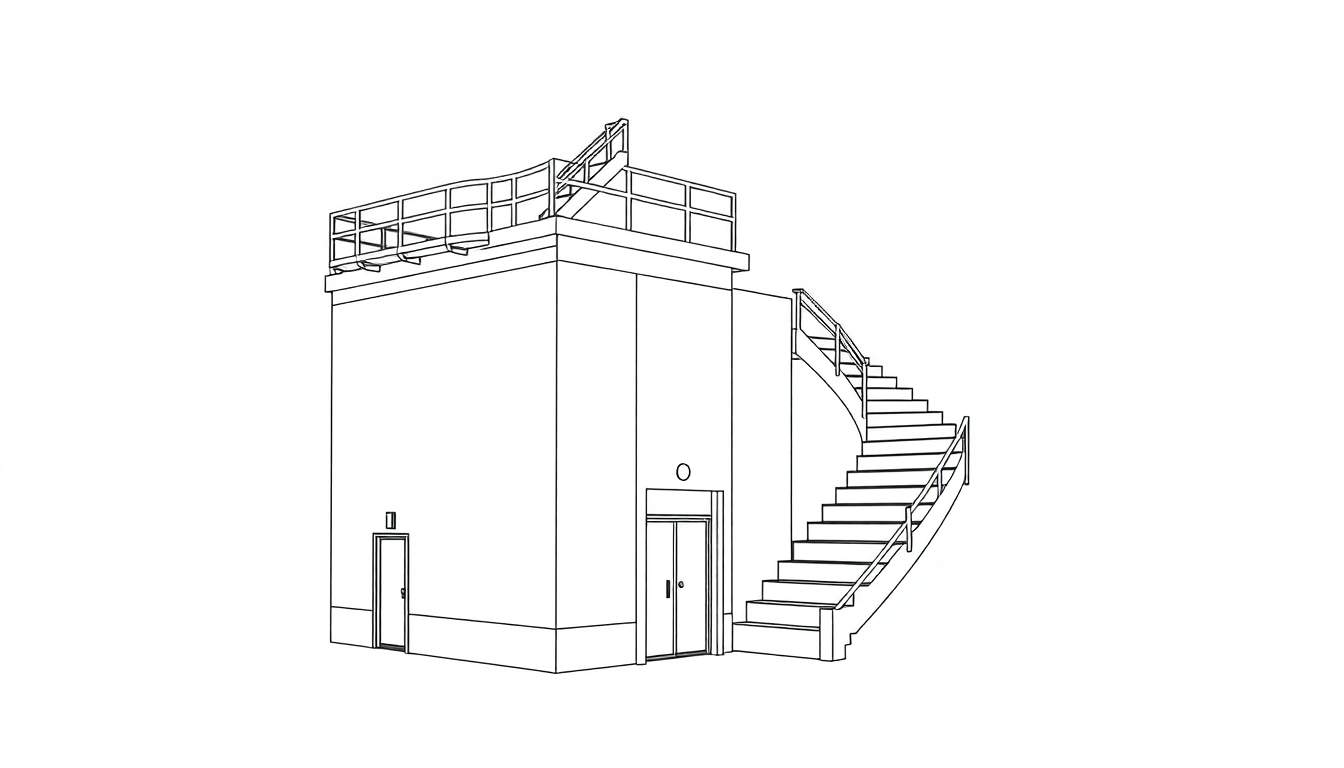 Um esboço linear de um edifício retangular com uma escada em espiral e duas portas.