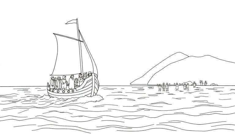 Desenho em preto e branco de um barco à vela cheio de pessoas a aproximar-se da costa com ondas e uma montanha ao fundo.
