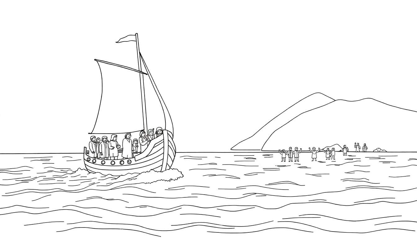 Desenho em preto e branco de um barco à vela cheio de pessoas a aproximar-se da costa com ondas e uma montanha ao fundo.