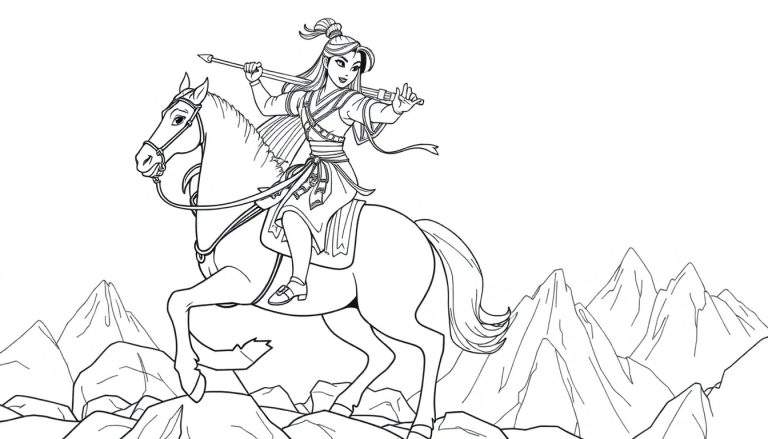 Mulan a cavalo com Khan, pronta para a batalha em um penhasco, ilustração em preto e branco para colorir.