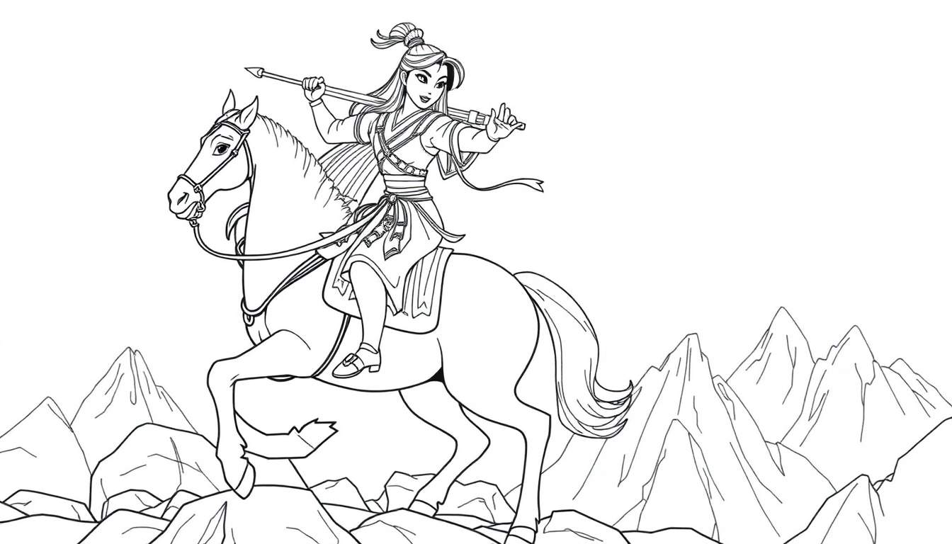 Mulan a cavalo com Khan, pronta para a batalha em um penhasco, ilustração em preto e branco para colorir.
