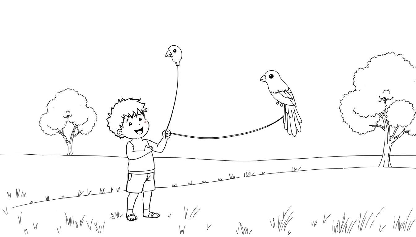 Um menino segurando um balão em forma de pássaro e uma linha com um pássaro de verdade pousado, em um campo gramado com árvores ao fundo, tudo em um color panel.