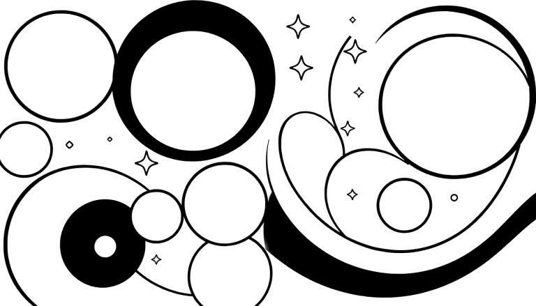 Ilustração abstrata em preto e branco com círculos, linhas curvas e estrelas, com um toque de color panel.