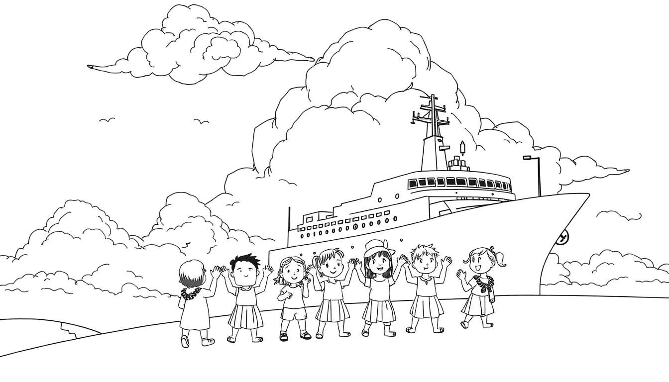 Crianças acenando para um grande navio com nuvens no céu.