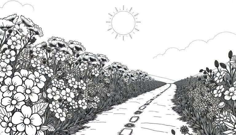 Uma estrada de campo em preto e branco, ladeada por flores vibrantes e um sol brilhante no céu, um color panel perfeito para colorir.