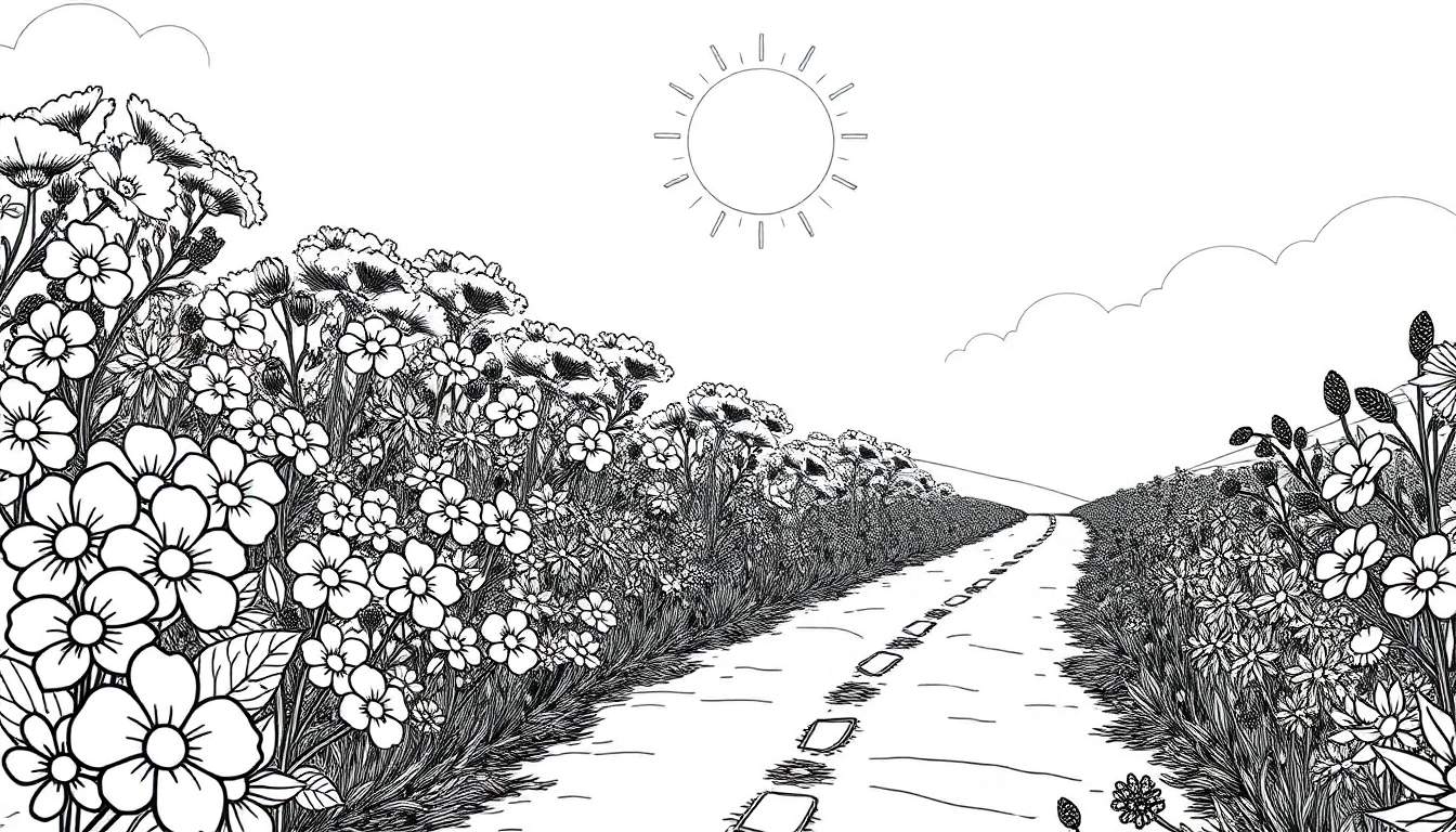 Uma estrada de campo em preto e branco, ladeada por flores vibrantes e um sol brilhante no céu, um color panel perfeito para colorir.