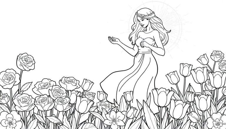 Um desenho de linha de uma fada estendendo a mão em um campo de flores com uma auréola atrás dela.
