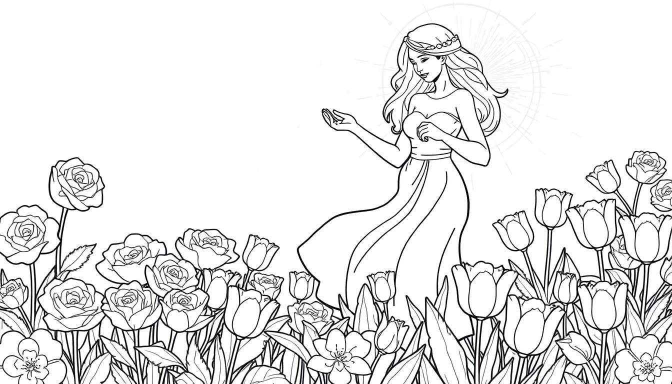 Um desenho de linha de uma fada estendendo a mão em um campo de flores com uma auréola atrás dela.