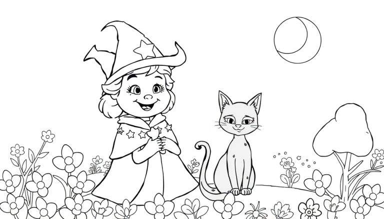 Desenho para colorir de uma pequena feiticeira com chapéu de bruxa e um gato preto, em um jardim com flores e uma lua crescente. Este color panel permite muita criatividade.