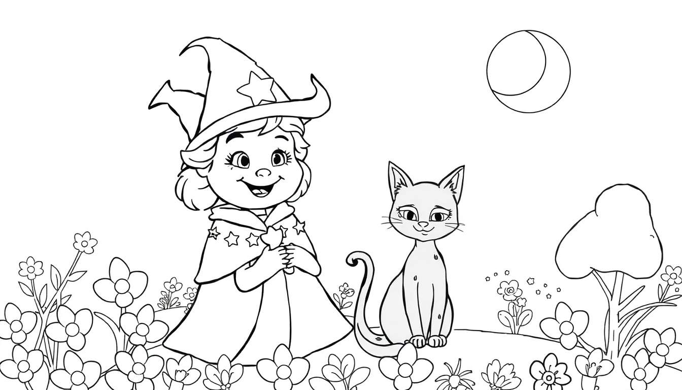 Desenho para colorir de uma pequena feiticeira com chapéu de bruxa e um gato preto, em um jardim com flores e uma lua crescente. Este color panel permite muita criatividade.