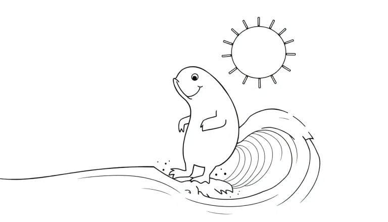 Uma foca a surfar uma onda sob um sol brilhante, em desenho preto e branco.