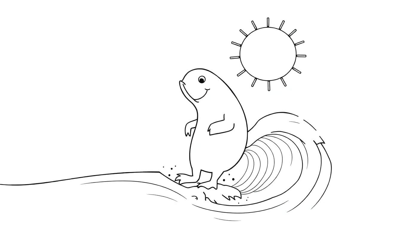 Uma foca a surfar uma onda sob um sol brilhante, em desenho preto e branco.