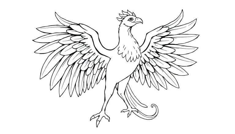 Um pássaro majestoso com asas abertas, lembrando uma fênix, com penas intrincadamente desenhadas e um bico curvo.