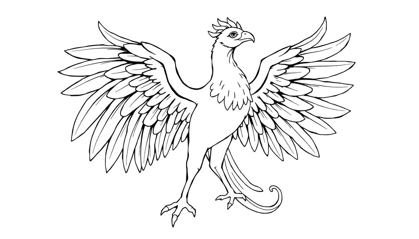 Um pássaro majestoso com asas abertas, lembrando uma fênix, com penas intrincadamente desenhadas e um bico curvo.