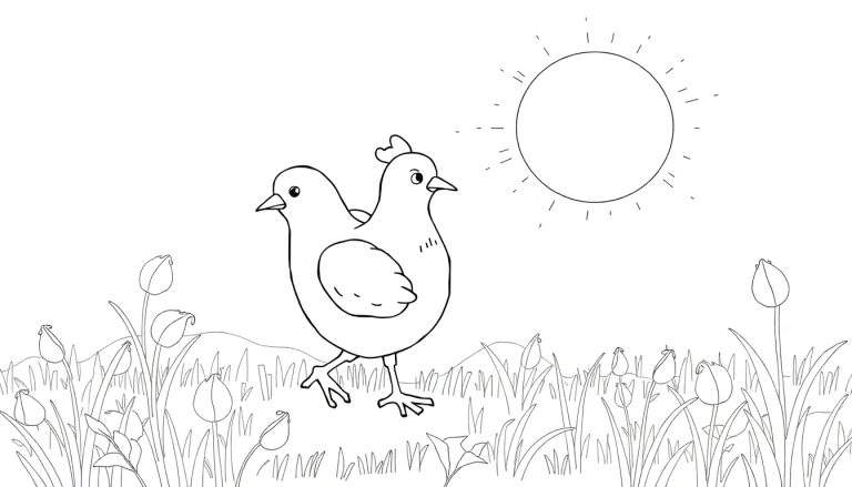 Ilustração em preto e branco de uma galinha de duas cabeças em um campo de tulipas sob um sol sorridente, como uma página para colorir.