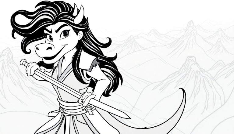 Ilustração de desenho animado em preto e branco de uma personagem feminina com características de cavalo, vestindo roupas orientais e segurando uma espada.