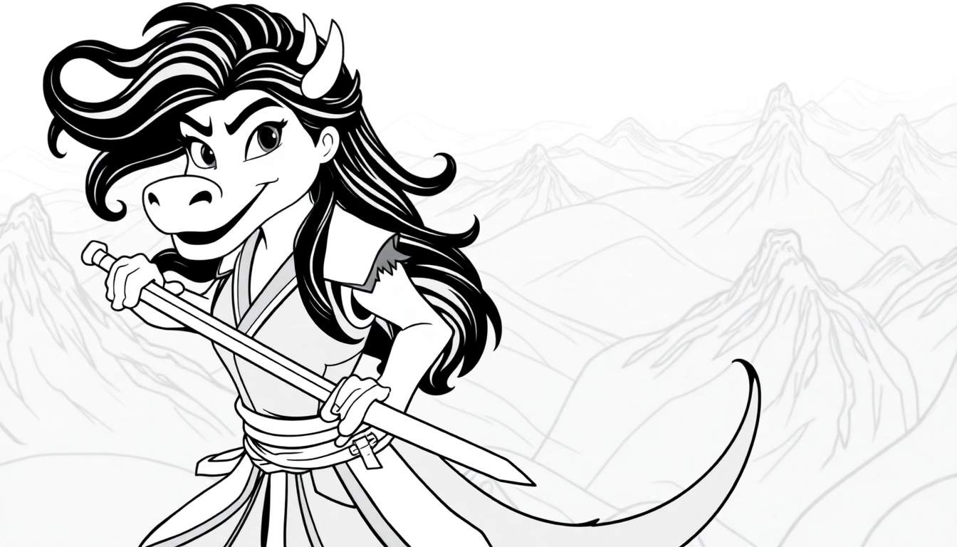 Ilustração de desenho animado em preto e branco de uma personagem feminina com características de cavalo, vestindo roupas orientais e segurando uma espada.