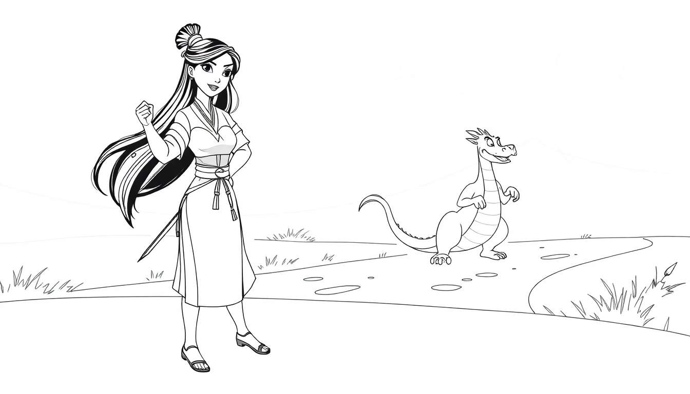 Uma jovem com roupa japonesa e um dragão animado ficam juntos em um campo.