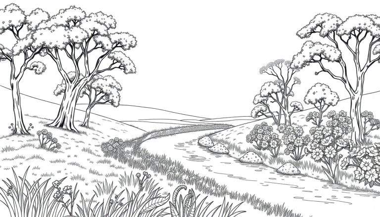 Ilustração de uma paisagem natural em preto e branco com um rio serpenteando, grama, flores, arbustos e árvores altas.