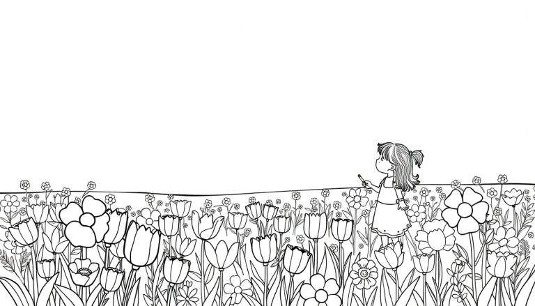 Menina a desenhar num campo de flores num color panel.