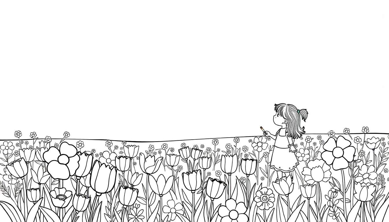 Menina a desenhar num campo de flores num color panel.