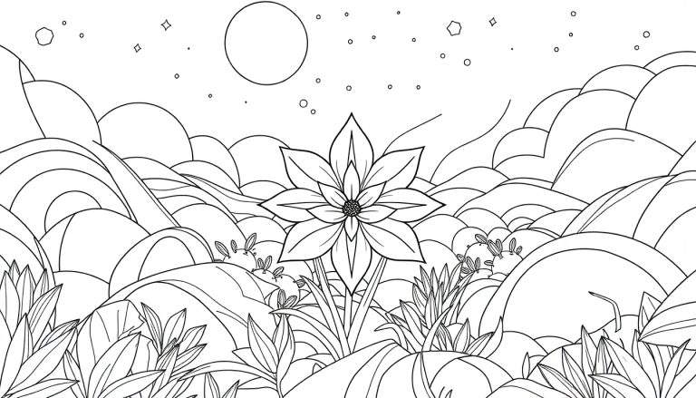 Desenho de contorno preto e branco de uma paisagem noturna com uma grande flor, colinas e lua cheia, pronto para colorir. Um convite para o seu color panel.