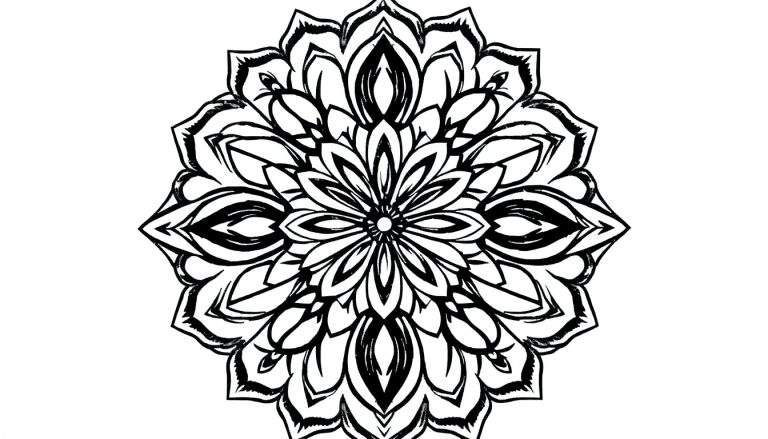 Mandala preta e branca com padrões circulares e florais, um color panel para colorir.