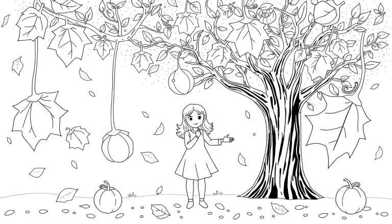 Menina com braços abertos em frente a uma árvore de outono com abóboras e folhas coloridas, um color panel vibrante em uma folha.