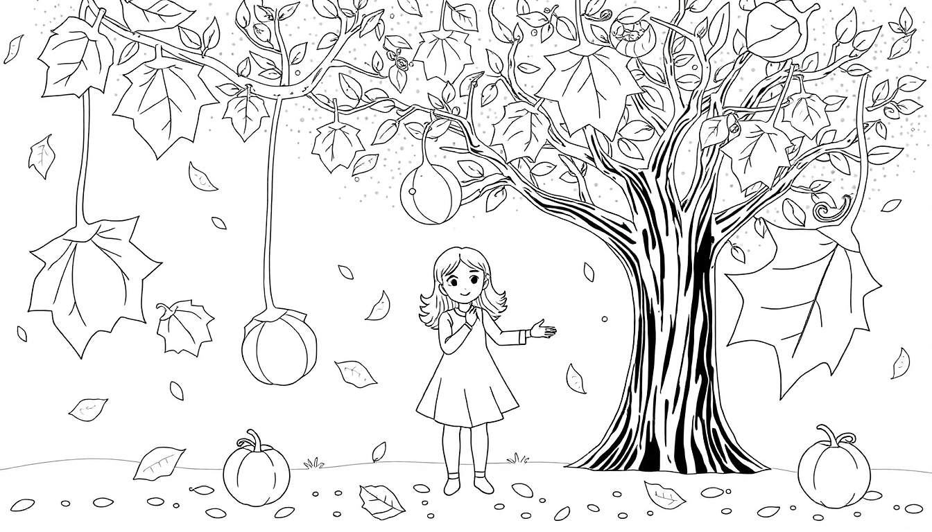 Menina com braços abertos em frente a uma árvore de outono com abóboras e folhas coloridas, um color panel vibrante em uma folha.