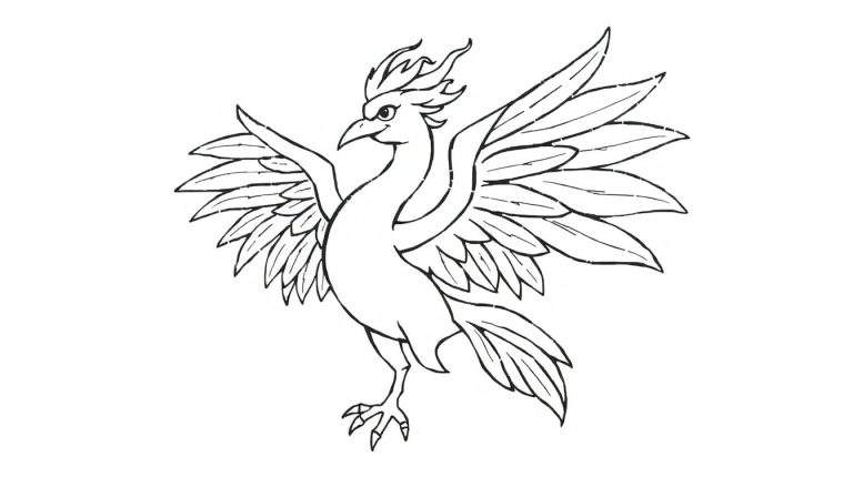Desenho a preto e branco de uma fênix majestosa em pleno voo, com asas abertas e crista imponente.
