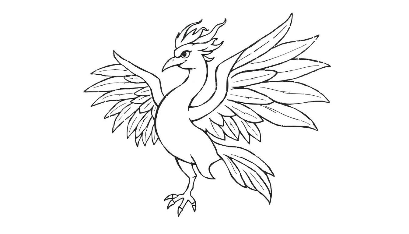 Desenho a preto e branco de uma fênix majestosa em pleno voo, com asas abertas e crista imponente.