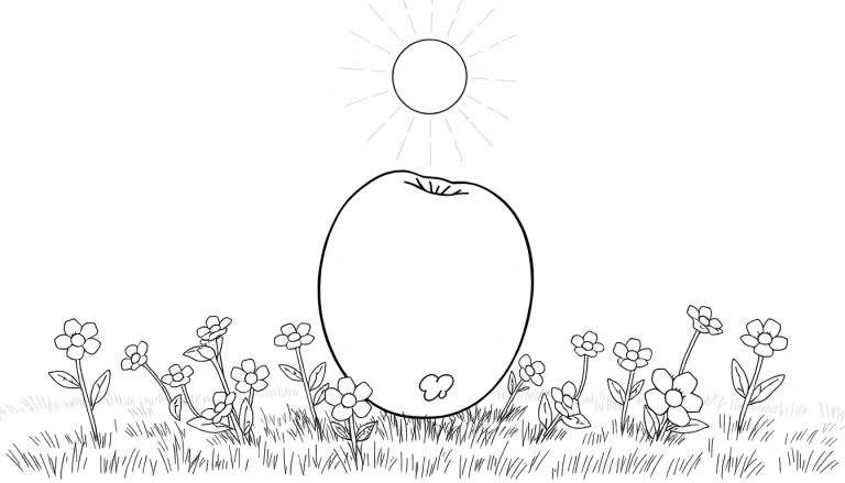 Desenho de contorno de uma grande maçã com um sol acima e um campo de flores abaixo, pronto para colorir em um color panel.