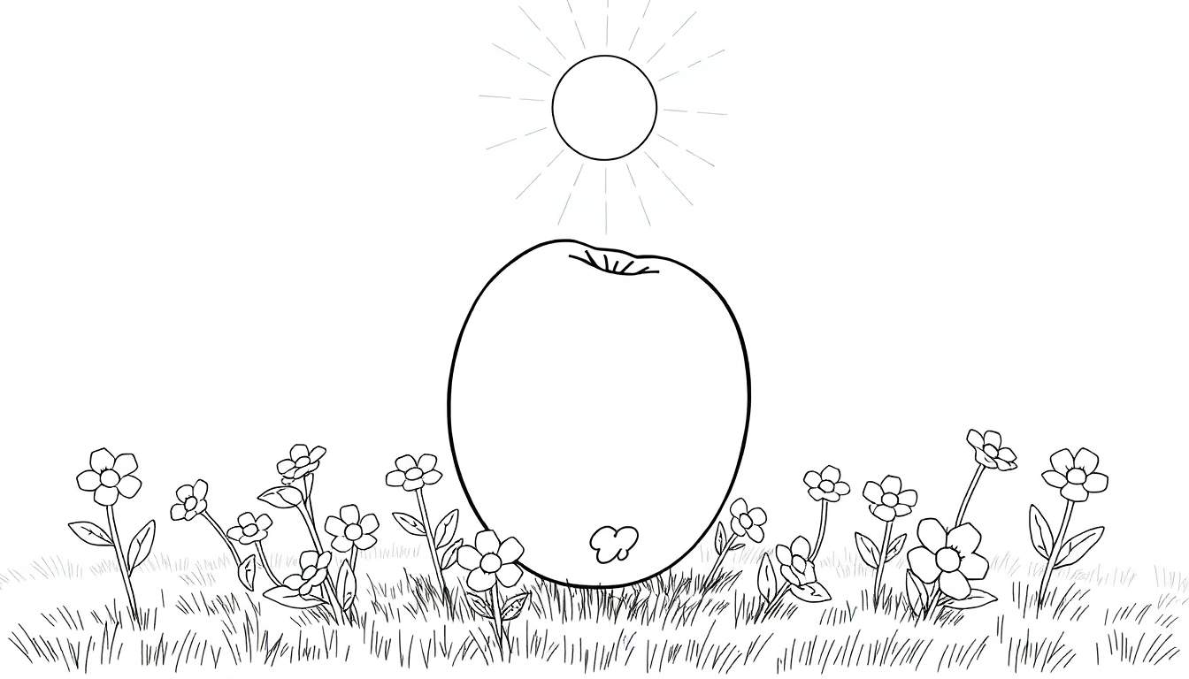 Desenho de contorno de uma grande maçã com um sol acima e um campo de flores abaixo, pronto para colorir em um color panel.