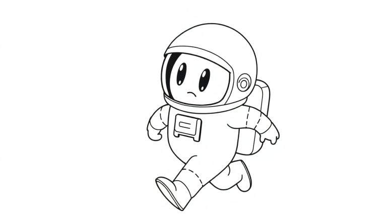 Um astronauta de desenho animado em preto e branco correndo com um capacete de bolha, mochila e uma insígnia no peito, com o fundo branco.