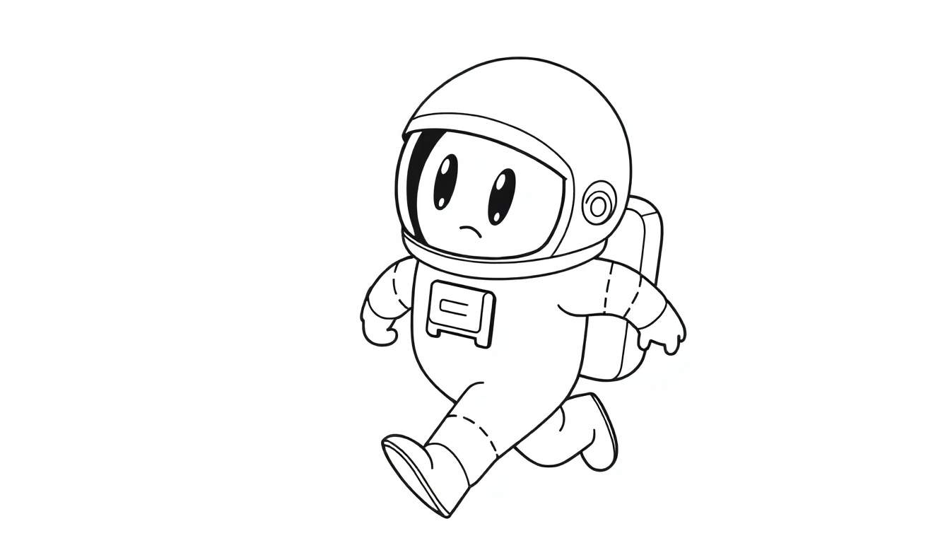 Um astronauta de desenho animado em preto e branco correndo com um capacete de bolha, mochila e uma insígnia no peito, com o fundo branco.