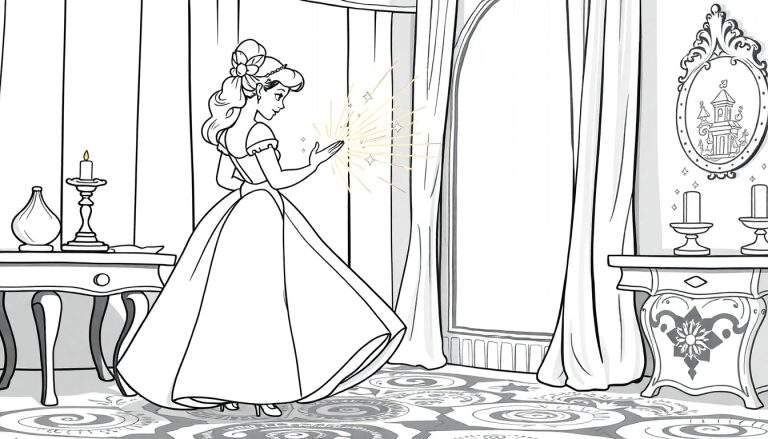 Princesa com vestido esvoaçante, mão brilhante, sala luxuosa com cortinas e janelas, mesa com candelabro e garrafa, outra mesa com castiçais e espelho, tapete circular, desenho para colorir em color panel.