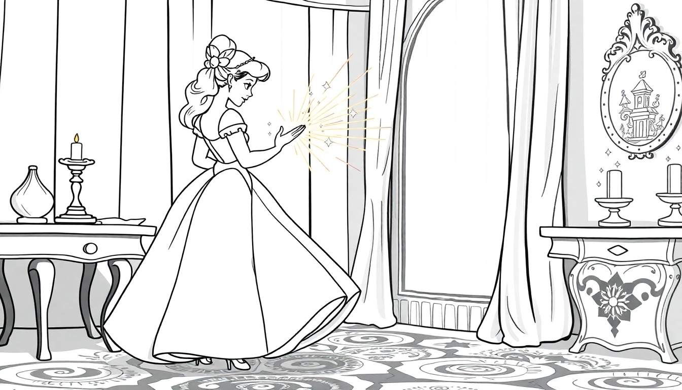 Princesa com vestido esvoaçante, mão brilhante, sala luxuosa com cortinas e janelas, mesa com candelabro e garrafa, outra mesa com castiçais e espelho, tapete circular, desenho para colorir em color panel.