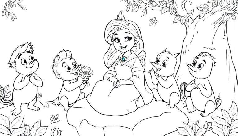 Um desenho para colorir de uma princesa sentada em uma pedra, rodeada por gnomos e pássaros em uma floresta encantada.