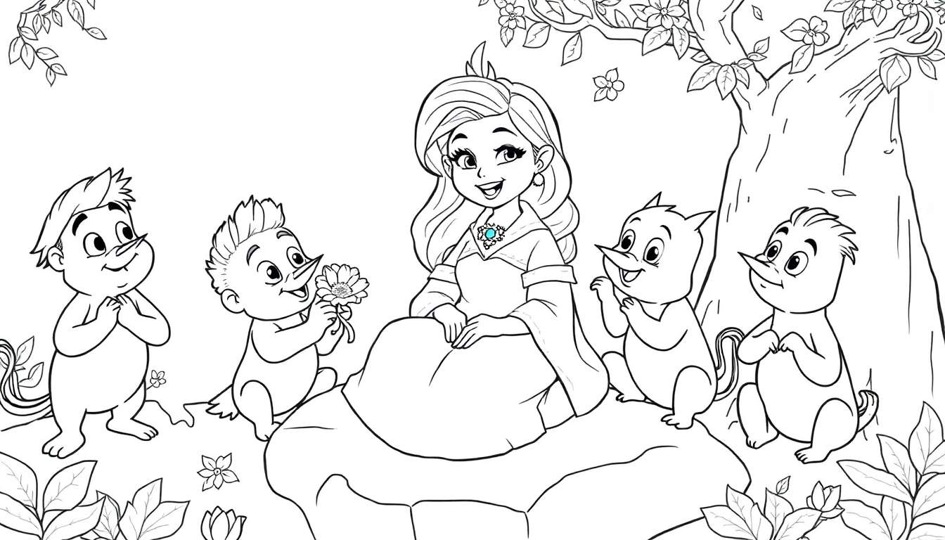 Um desenho para colorir de uma princesa sentada em uma pedra, rodeada por gnomos e pássaros em uma floresta encantada.