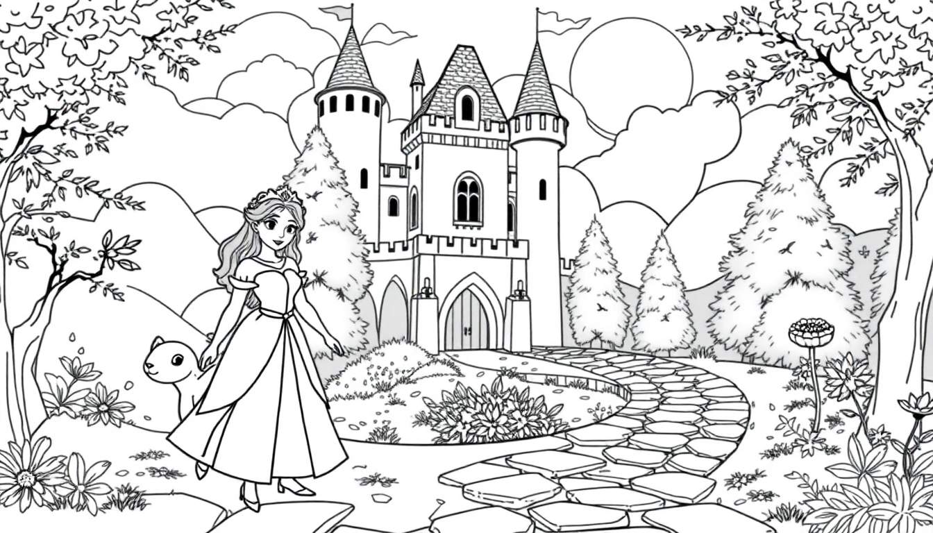 Desenho de uma princesa com um esquilo em frente a um castelo, pronto para colorir.
