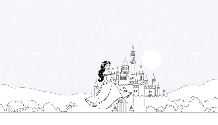 Um color panel de uma princesa de conto de fadas com cabelos escuros, um vestido elegante e uma tiara de flores, em primeiro plano, com um castelo detalhado, colinas suaves, arbustos e um céu estrelado com lua cheia ao fundo.