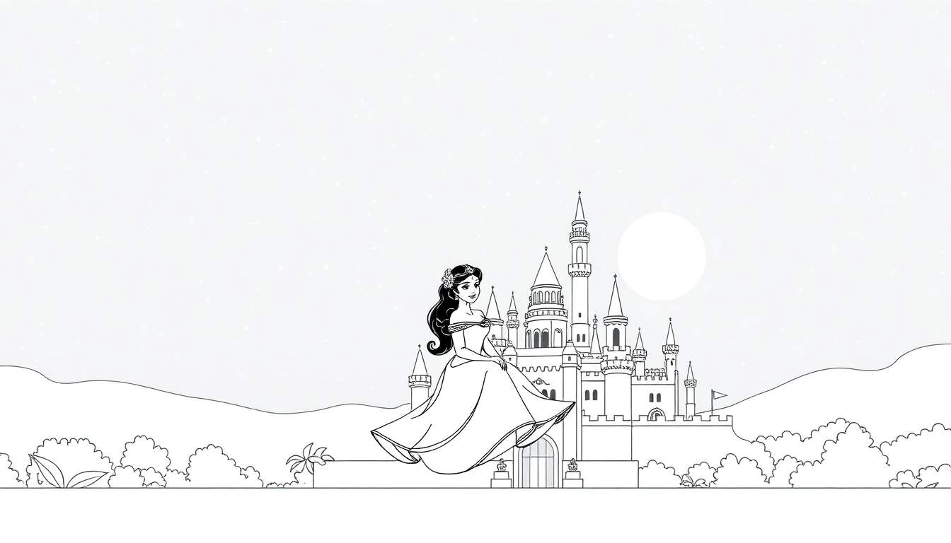 Um color panel de uma princesa de conto de fadas com cabelos escuros, um vestido elegante e uma tiara de flores, em primeiro plano, com um castelo detalhado, colinas suaves, arbustos e um céu estrelado com lua cheia ao fundo.