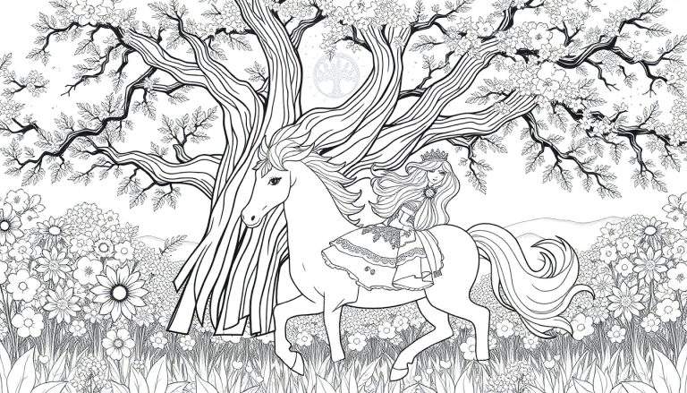 Princesa a cavalo num campo florido com uma árvore grande ao fundo, um desenho a preto e branco com detalhes de conto de fadas.