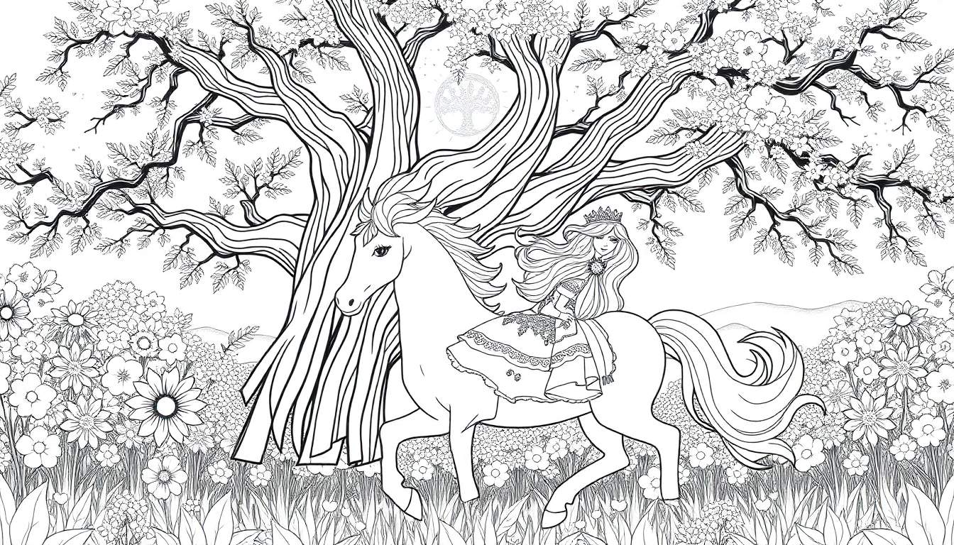Princesa a cavalo num campo florido com uma árvore grande ao fundo, um desenho a preto e branco com detalhes de conto de fadas.