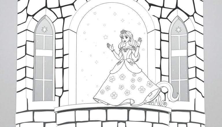 Desenho de uma princesa em uma varanda de castelo com céu estrelado, uma página para colorir color panel.