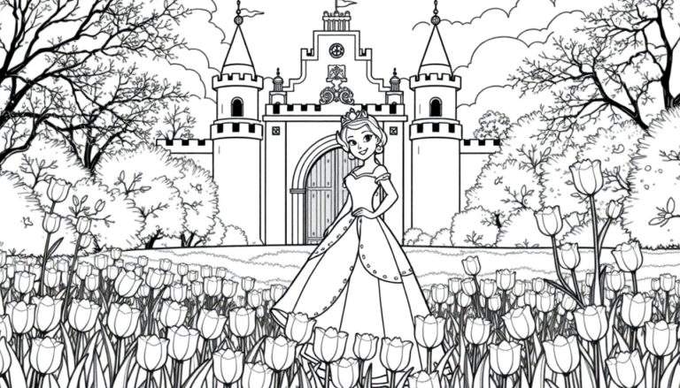 Princesa em frente a um castelo com flores e árvores, ilustração em preto e branco.