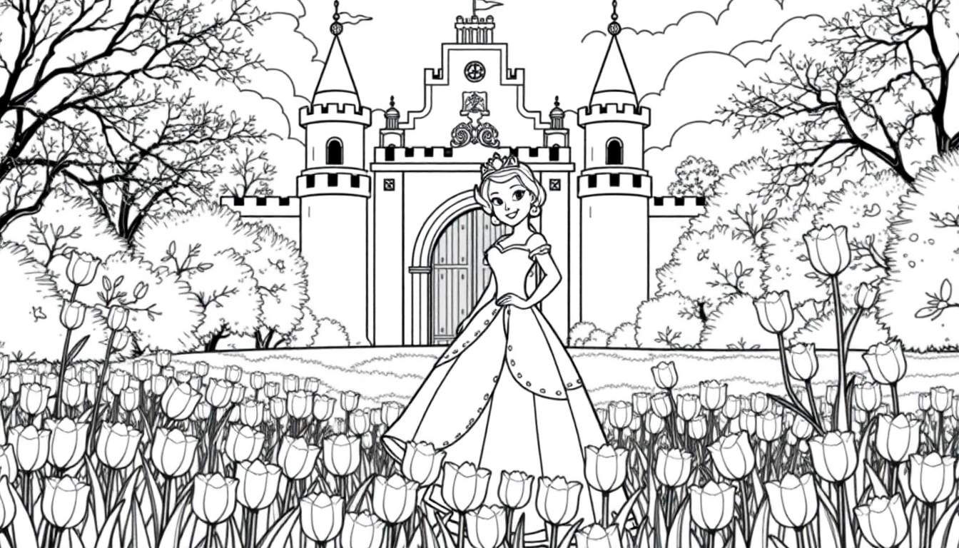 Princesa em frente a um castelo com flores e árvores, ilustração em preto e branco.