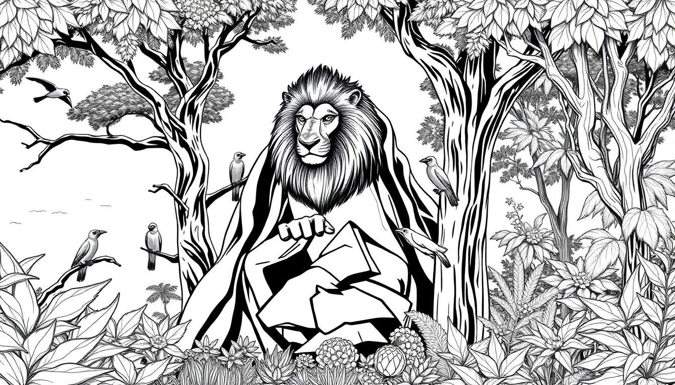 Ilustração em preto e branco de um leão em uma selva, com árvores e pássaros.