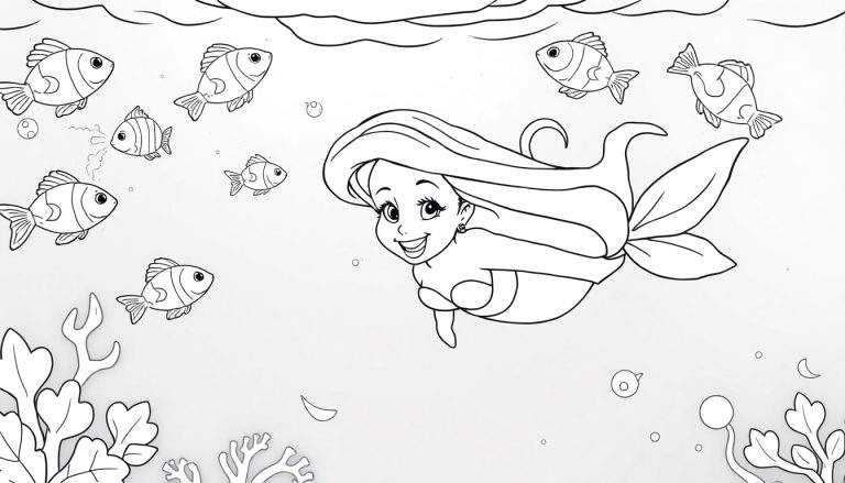 Desenho de contorno de uma sereia sorridente nadando com peixes e plantas marinhas, pronto para colorir.